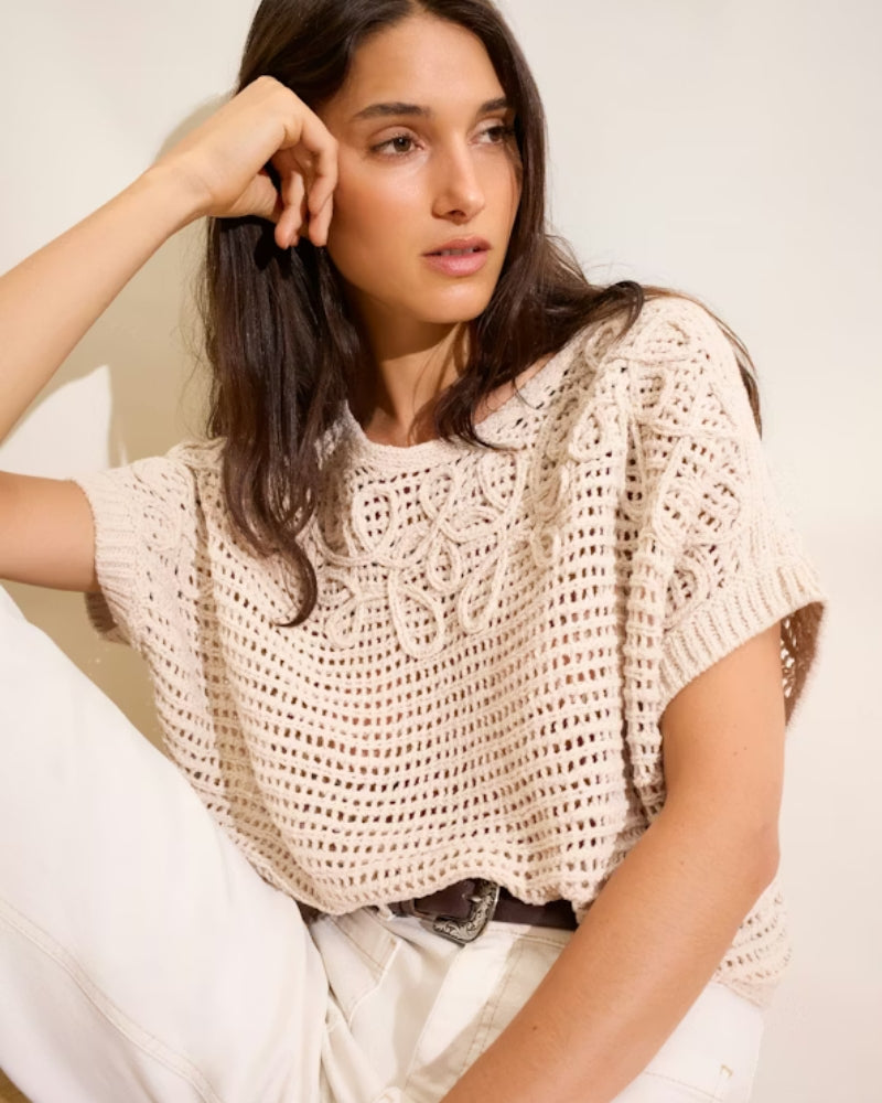 Oui pullover light beige mesh knit detail