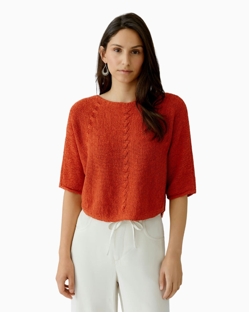 Oui pullover tangerine ribbon knit front view