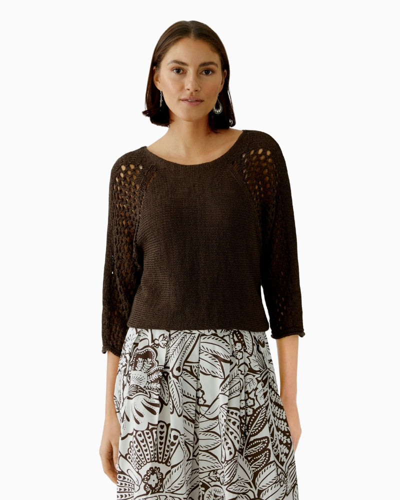 Oui ribbon yarn raglan pullover brown demitasse front view