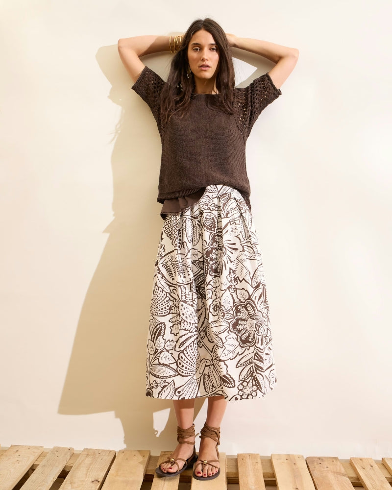 Oui ribbon yarn raglan pullover brown full outfit view