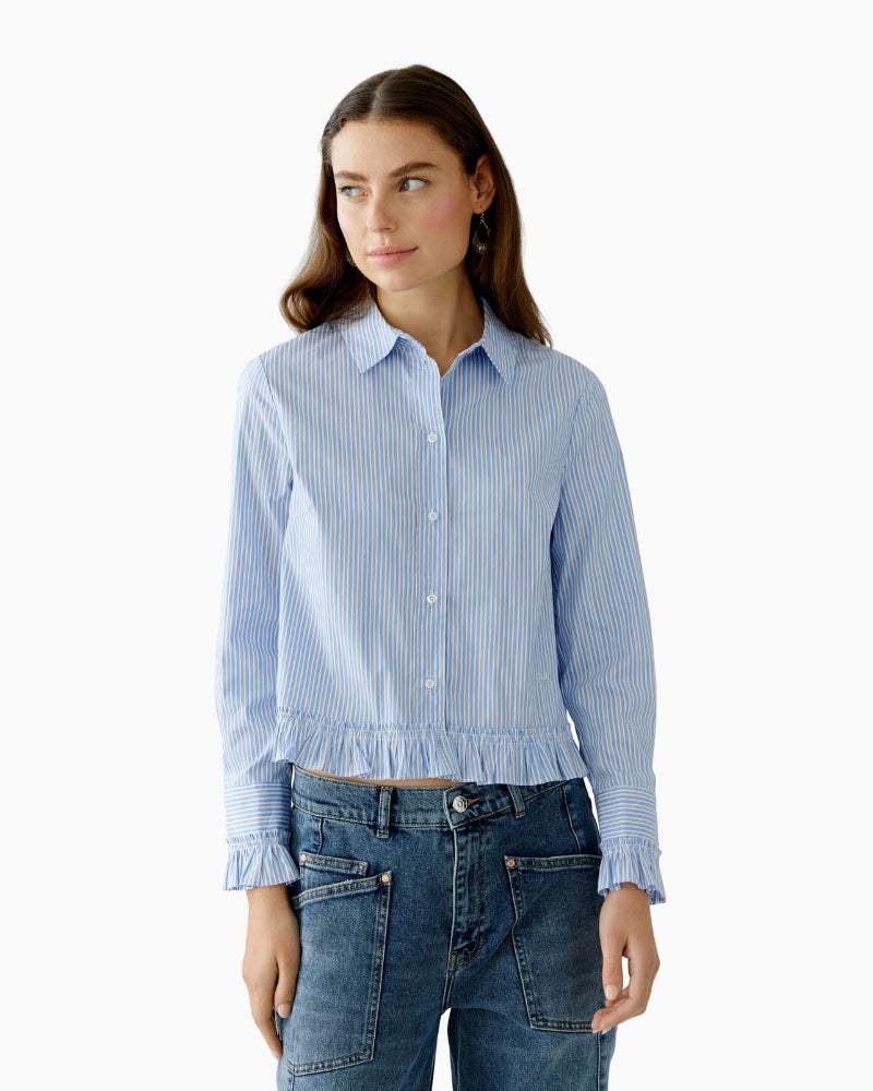 Oui light blue and white striped blouse with ruffle hem and cuffs