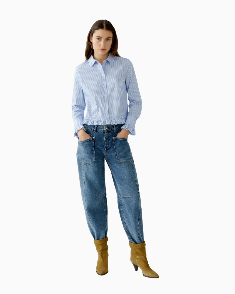 Oui light blue and white striped blouse paired with denim jeans