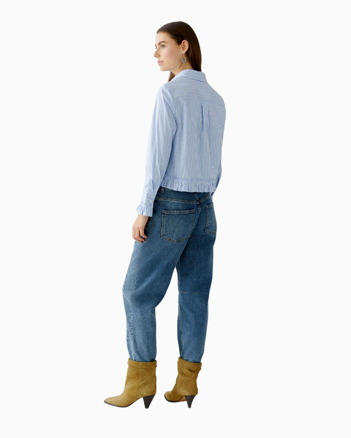 Back view of cropped cotton-blend blouse with boxy fit and button front