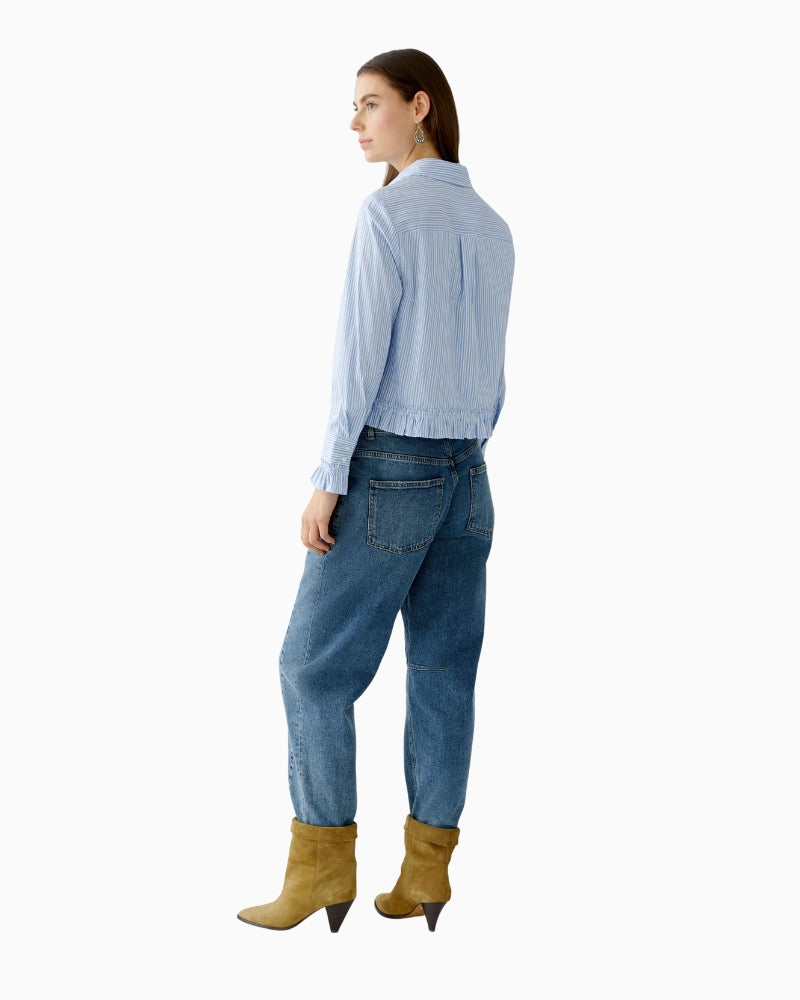 Back view of cropped cotton-blend blouse with boxy fit and button front