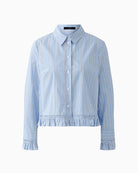 Flat lay front view of Oui light blue and white striped blouse