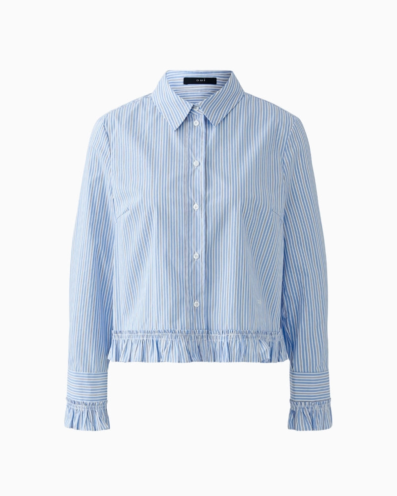 Flat lay front view of Oui light blue and white striped blouse