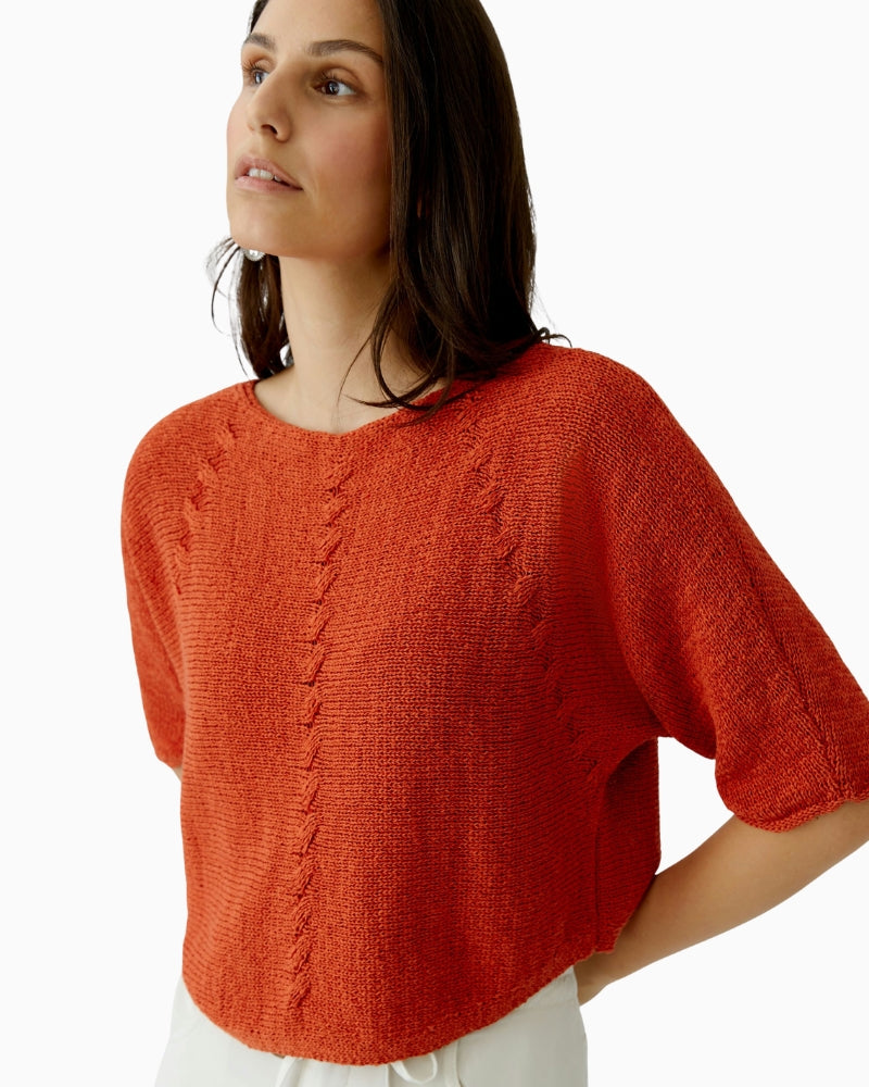 Oui tangerine pullover boat neckline detail