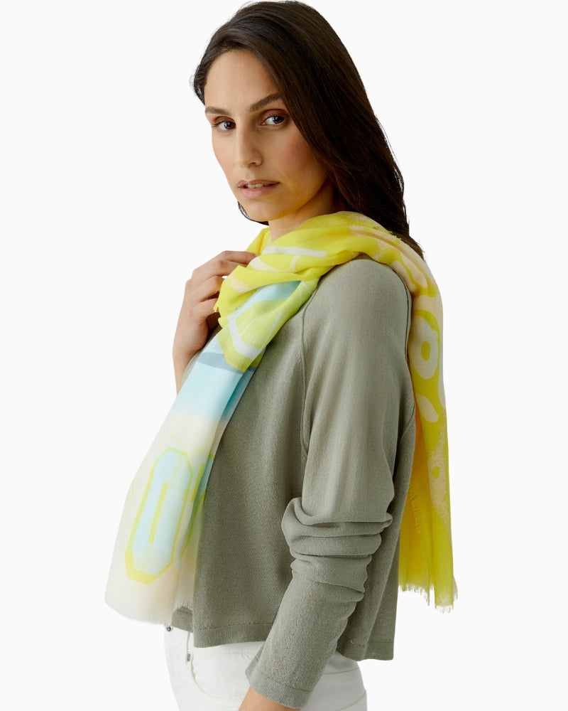 Oui yellow green scarf styled on model