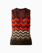 Oui zigzag knit top brownflat lay front view with stripe pattern