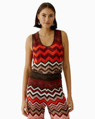 Oui zigzag knit top brown front view on model