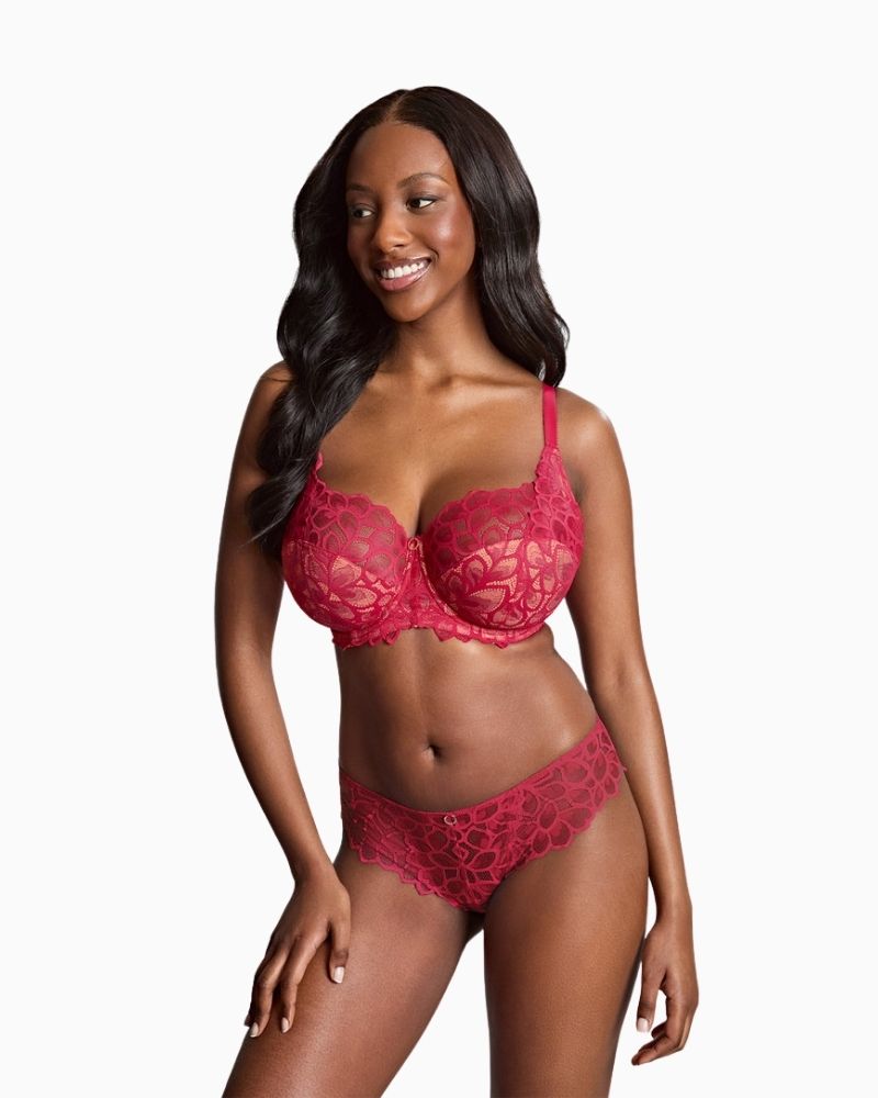 Panache Allure Brazilian Brief in raspberry lace with keyhole detail and gold ring