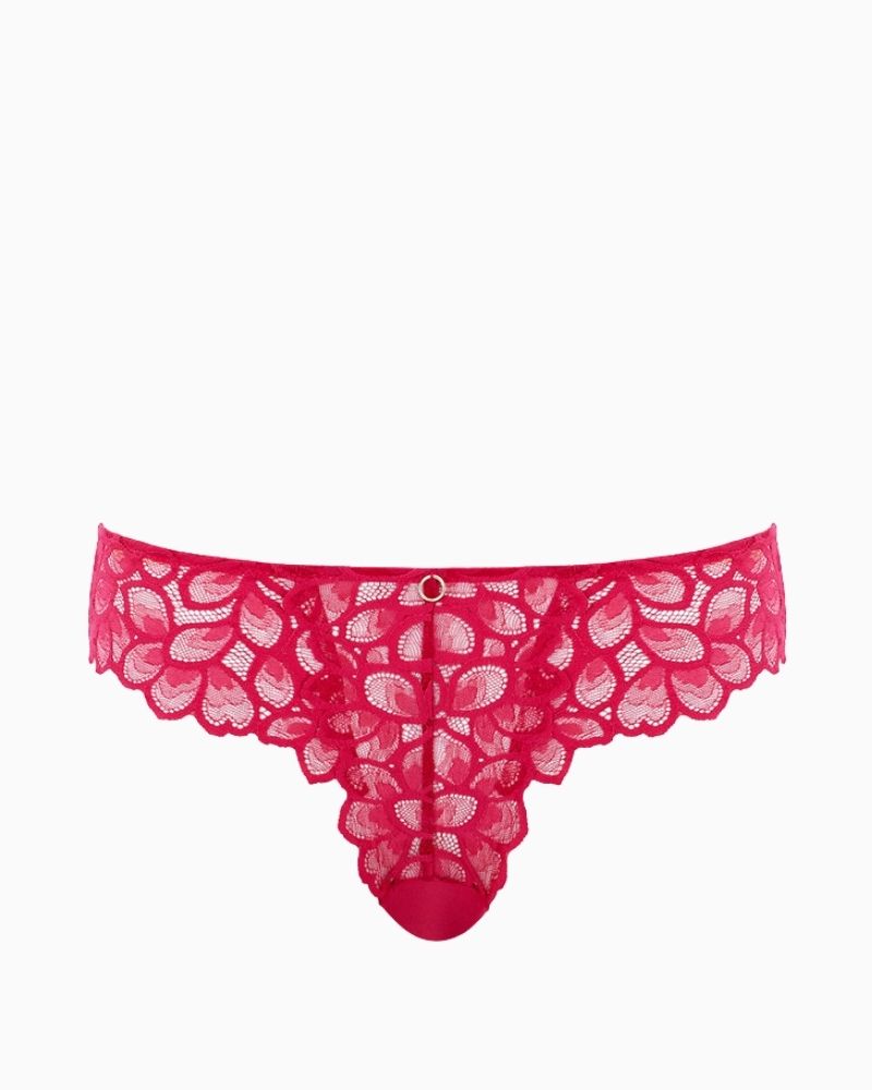 Flat lay of raspberry lace Panache Allure Brazilian with soft cotton gusset