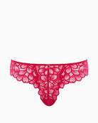Flat lay of raspberry lace Panache Allure Brazilian with soft cotton gusset