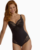 Panache black lace bodysuit with full cup support, lined front and stretch microfibre finish
