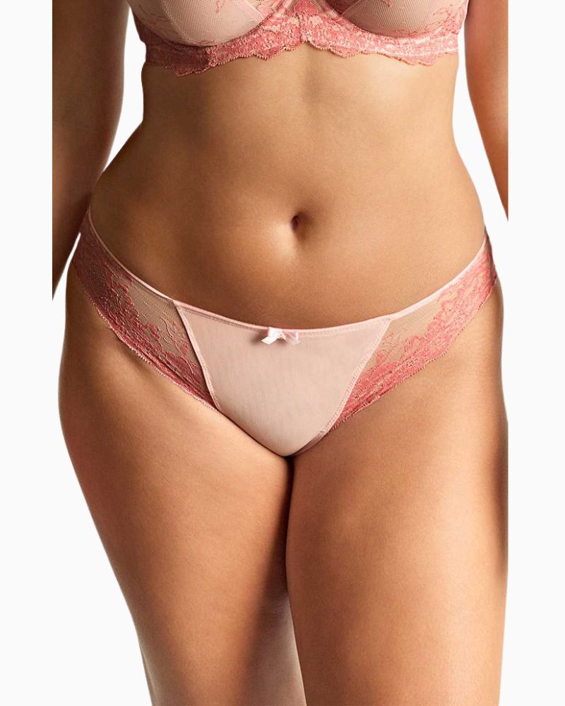 Panache Ana Brazilian brief in pink stretch lace with scalloped edges and cotton gusset
