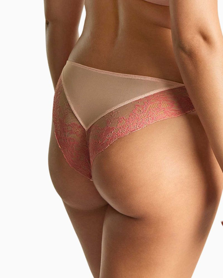 Close up view of Ana Brazilian brief showing flattering mid-rise cut and lace panel detail