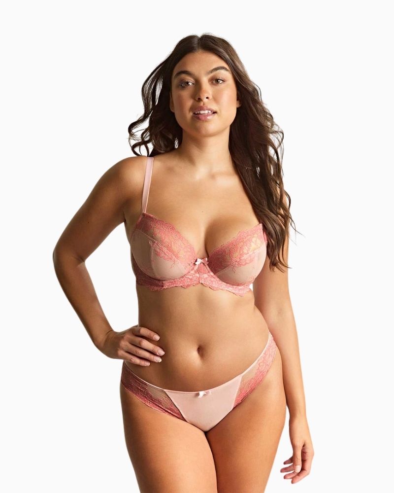 Model view of Ana plunge bra showing two-tone lace and supportive wired shape