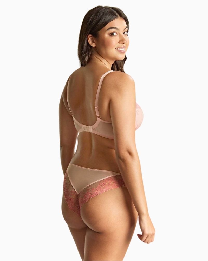 Back view of Pink lace plunge bra by Panache with floral detailing and soft stretch top cup