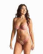 Model view Pink lace plunge bra by Panache with floral detailing and soft stretch top cup
