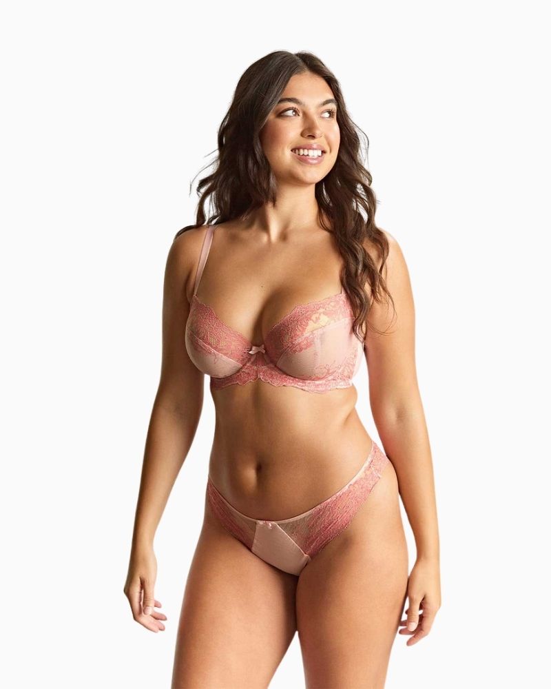 Model view Pink lace plunge bra by Panache with floral detailing and soft stretch top cup