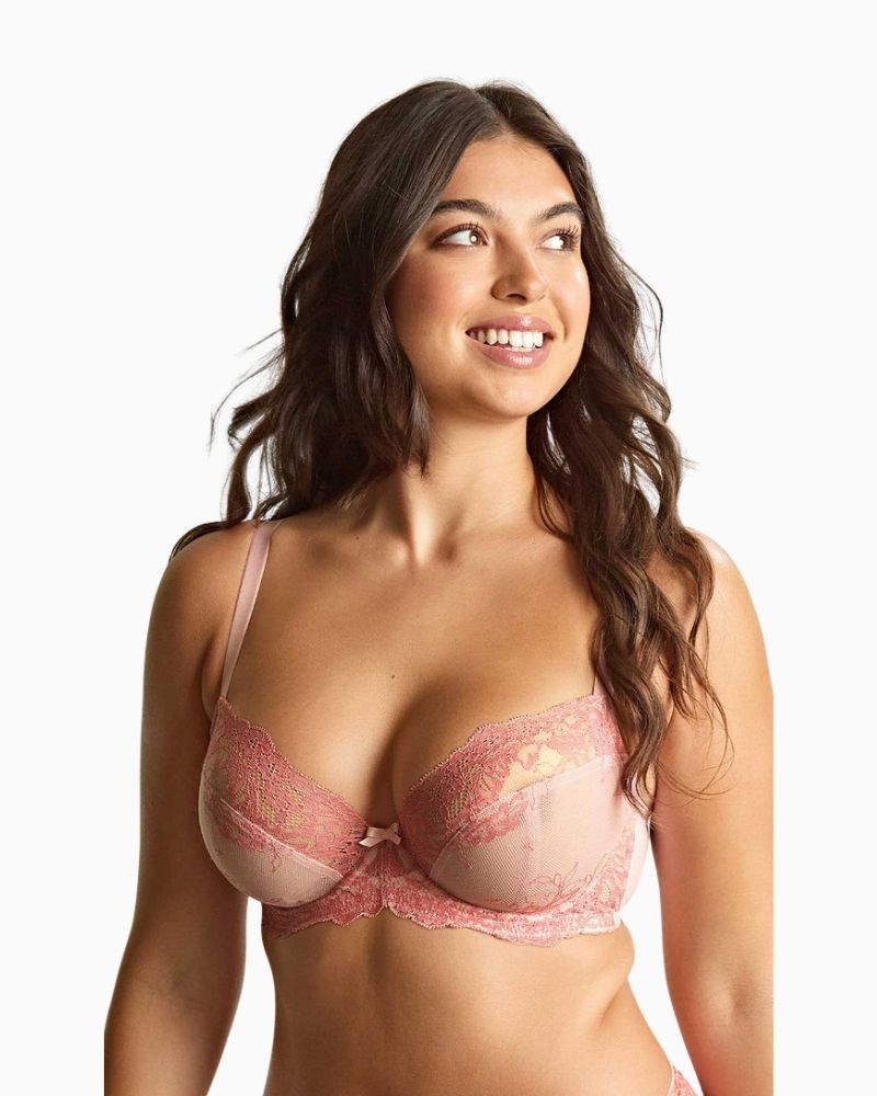 Close up view Pink lace plunge bra by Panache with floral detailing and soft stretch top cup