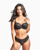 Front view of black Envy thong with lace at hips