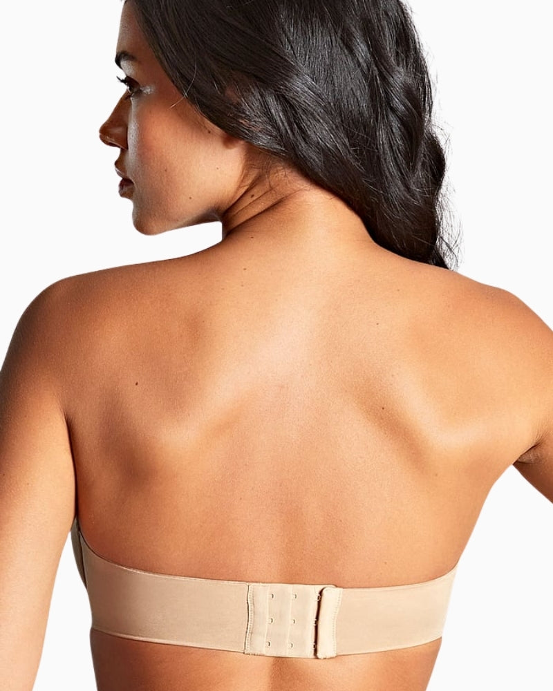 Back of Panache strapless bra showing mesh wings and soft fastening