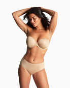 Front view of chai strapless bra with underwire and light padding