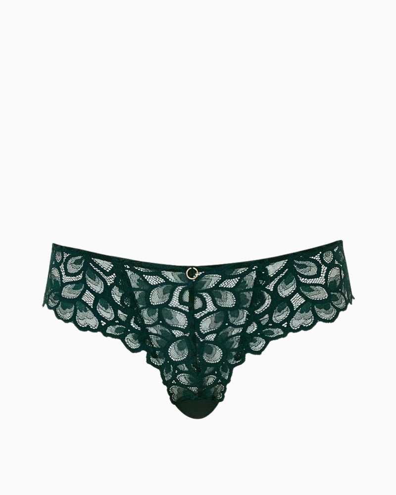 Flat lay of Panache Brazilian brief in forest green showing lace front and cotton gusset