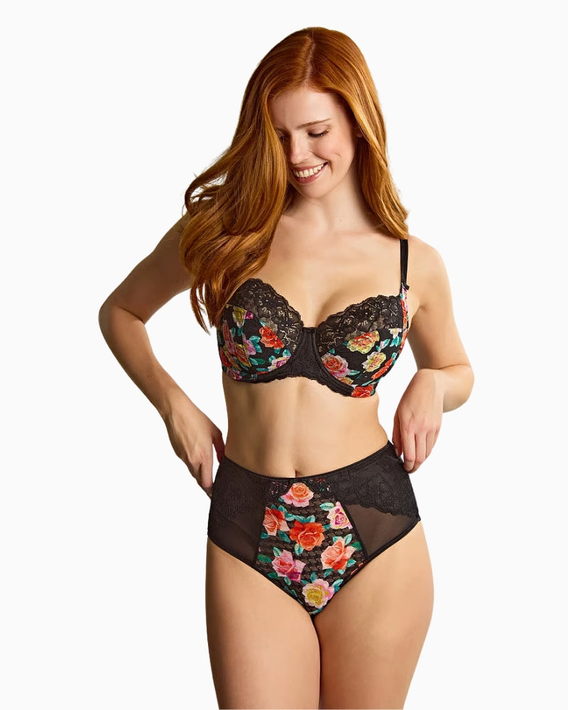 Panache Envy Full Cup Bra in Black/Rose Print front view