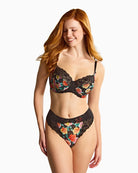 Panache Envy High Waist Brazilian Brief in Black/Rose Print front view