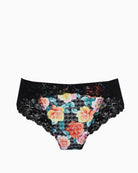 Panache Envy High Waist Brazilian Brief in Black/Rose Print lace trim detail