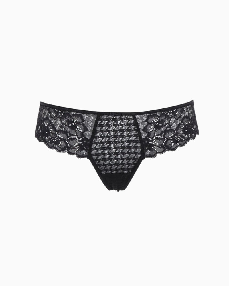 Panache Envy thong in black with jacquard design and lace detail