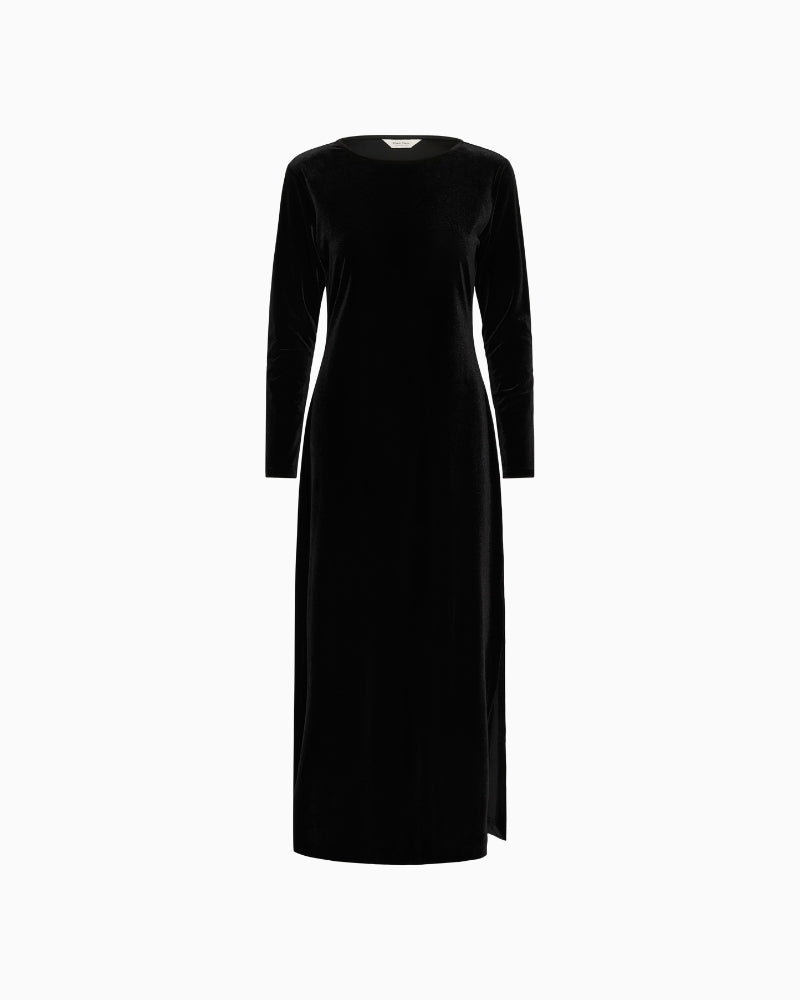 Front view of soft jersey dress with classic round neckline
