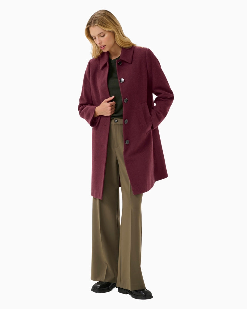 Front view of Part Two Kamillas wool blend coat in port colour