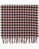 Detail view of soft wool weave in tawny port check