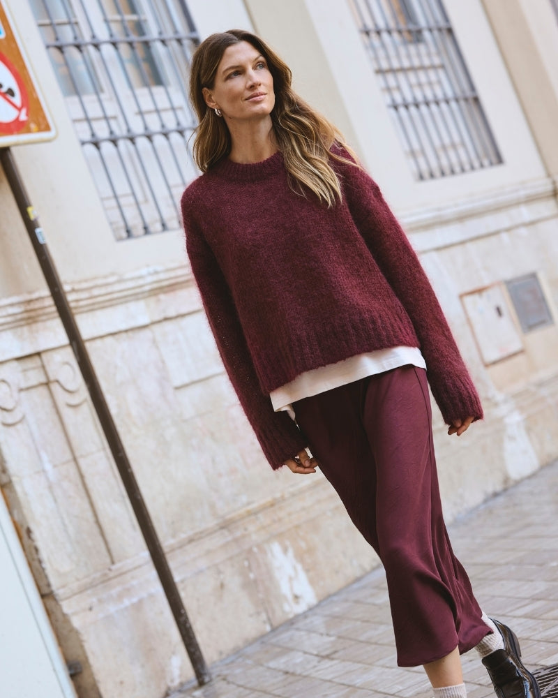 Midi skirt in Tawny Port by Part Two with glossy recycled fabric and A-line shape