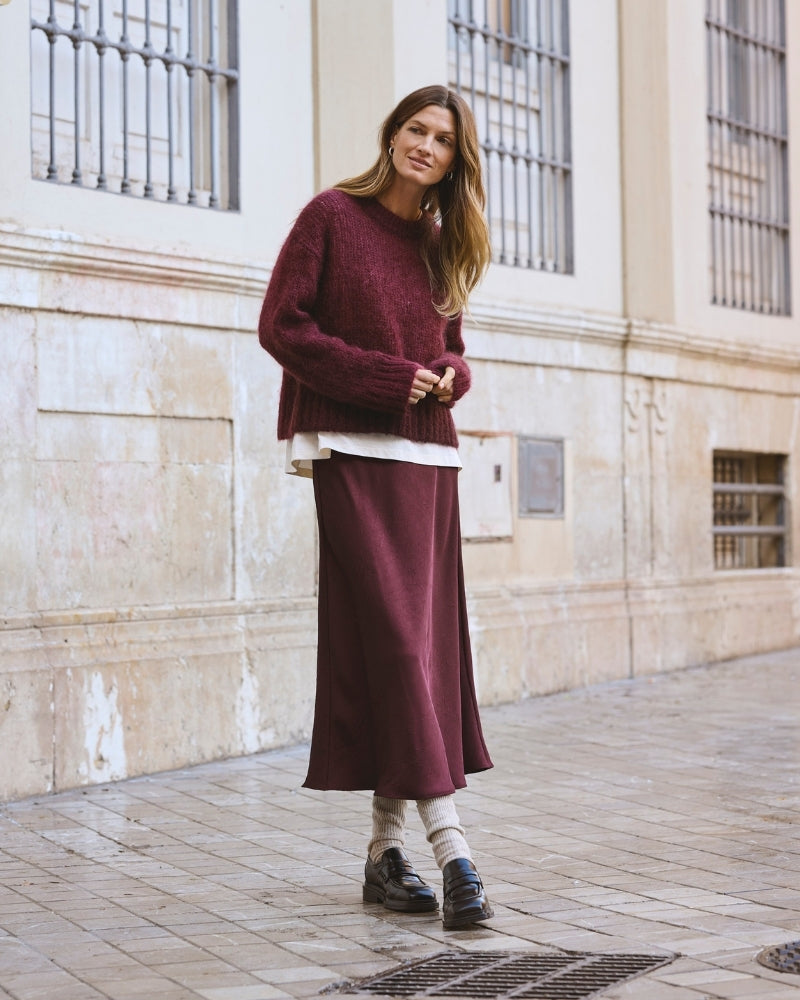 Midi skirt in Tawny Port by Part Two with glossy recycled fabric and A-line shape