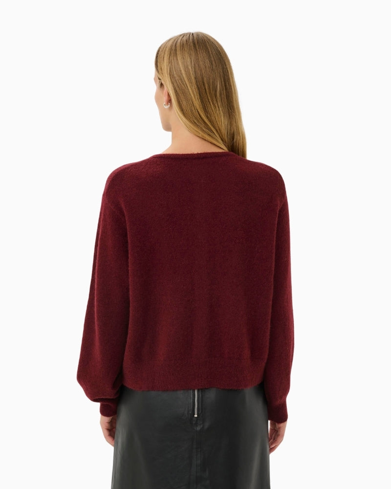 Back view of port mohair wool cardigan with long sleeves