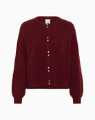 Front view of burgundy cardigan with mother-of-pearl buttons