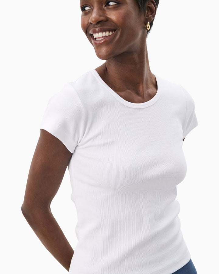 Close up of Part Two t-shirt shown flat with soft stretchy fabric and simple design