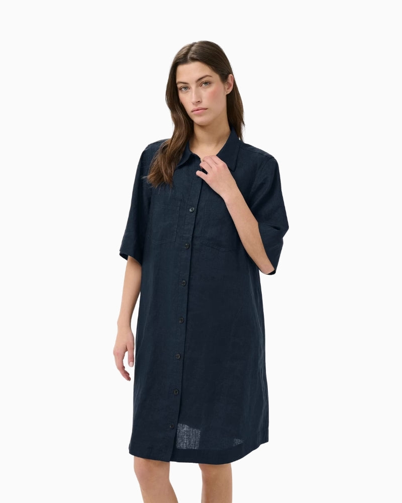 Part Two Sardia linen dress navy front view – Áines Boutique