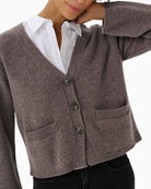 Close-up of V-neck wool cardigan showing relaxed knit texture