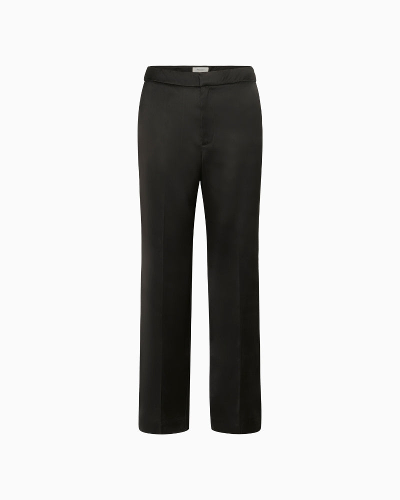Front view of black viscose trousers with regular waist