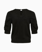 Back view of black shimmer blouse with regular fit and clean finish