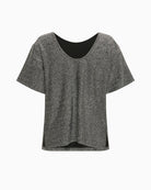 Back view of Part Two shimmer top with clean, draped finish