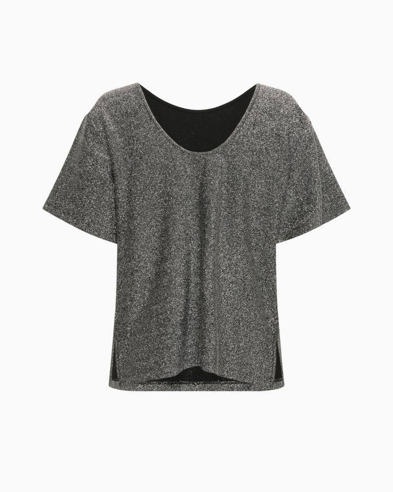 Back view of Part Two shimmer top with clean, draped finish