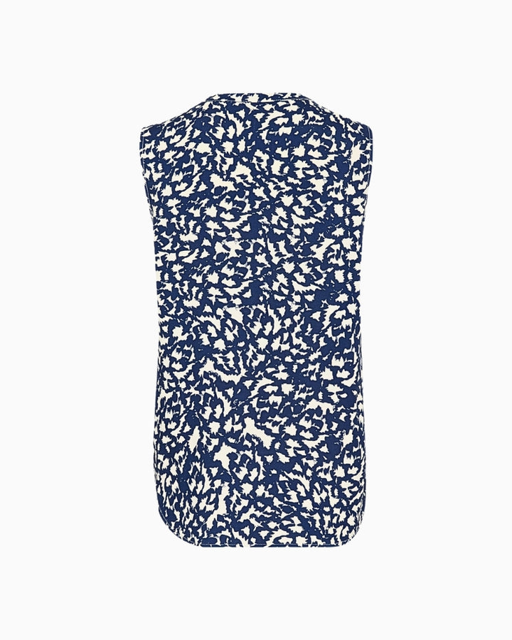 Back side of sleeveless navy floral print blouse displayed flat for fabric and fit detail