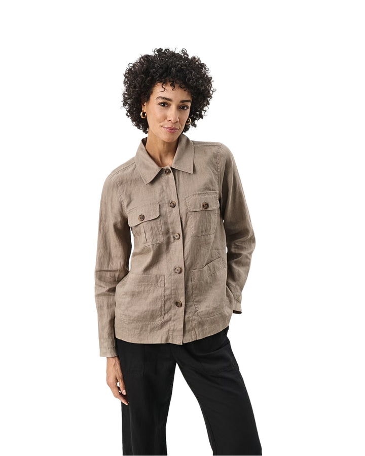 Model wearing Part Two Elnora linen blazer in light taupe with button front