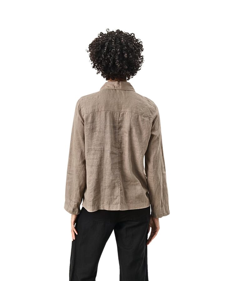 Back view of relaxed-fit Elnora blazer in breathable taupe linen